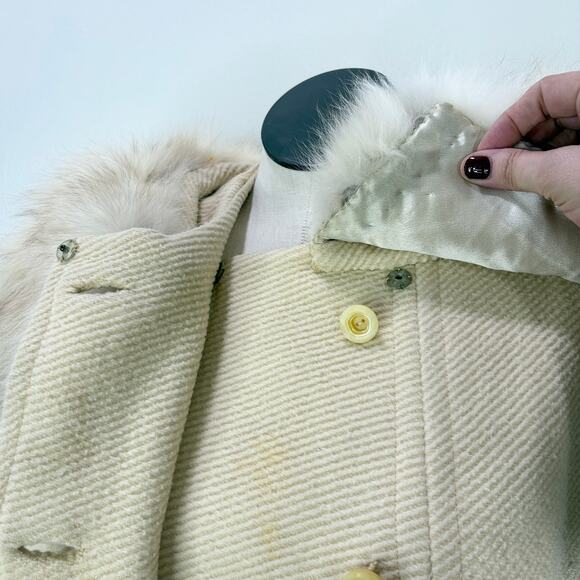 Vintage 60s Swing Coat Fur Collar Double Breasted Cream Union Tag Glam FLAWS - Picture 15 of 16